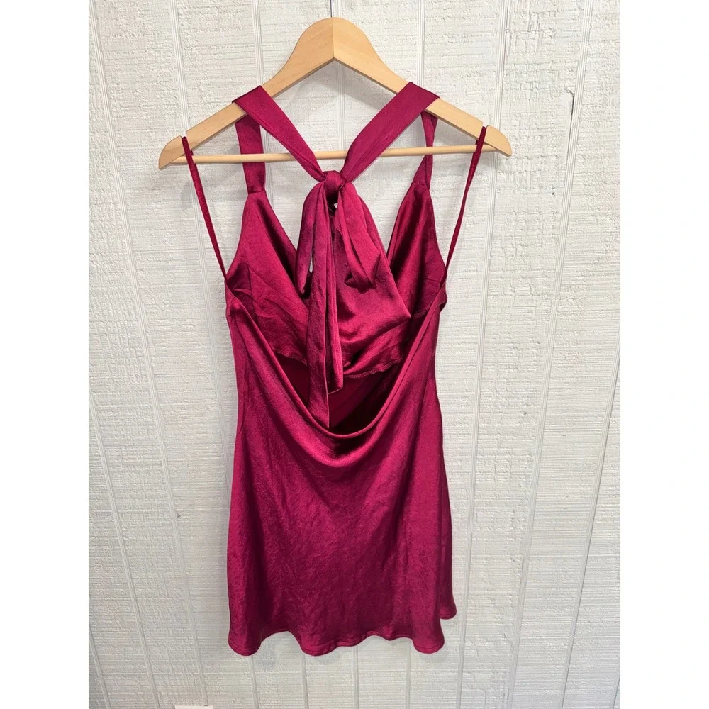 Hello Molly Mini Dress Womens Fuchsia Satin Cowl Neck Open Back 63258B04 Size M